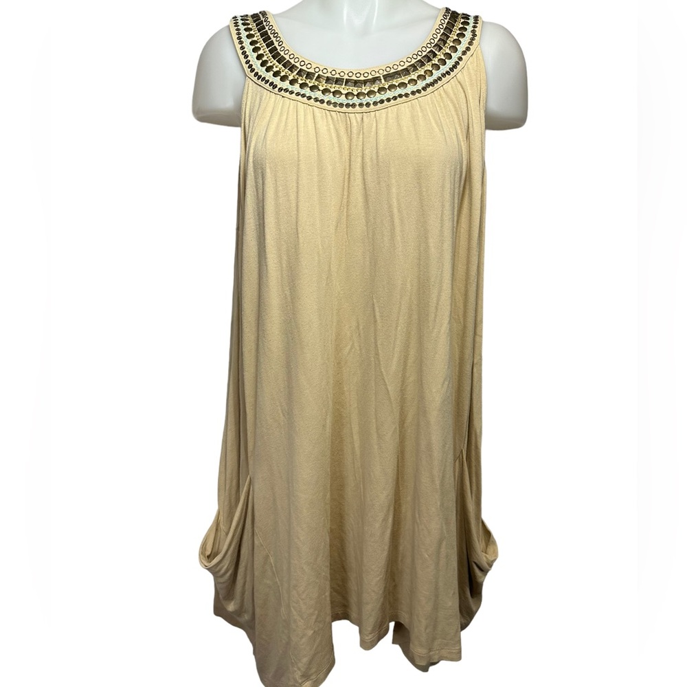 CAbi #872 Medium Beige Beaded Swing Dress Tunic Tank Top Sleeveless Shirt